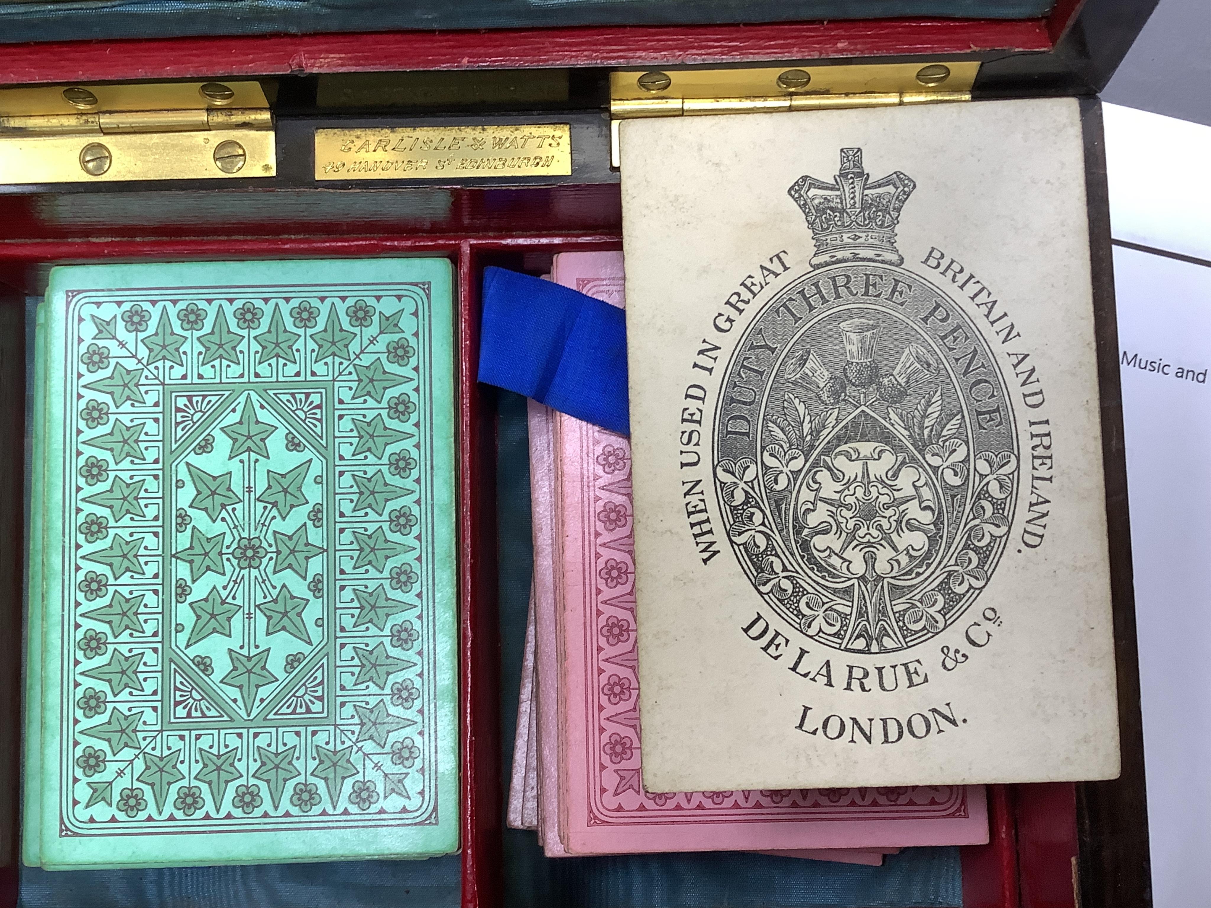 A Victorian Coromandel, brass and agate mounted games compendium, containing bezique and whist markers bone counters and inset ivory indicators, box 19cm x 19cm CITES Submission reference 3DY474P3